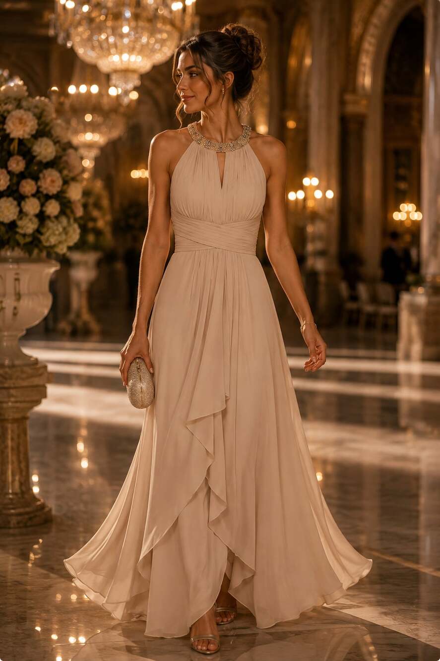 Eliza J Size 6 Sleeveless Halter Neck Embellished Chiffon Gown Dress, Champagne